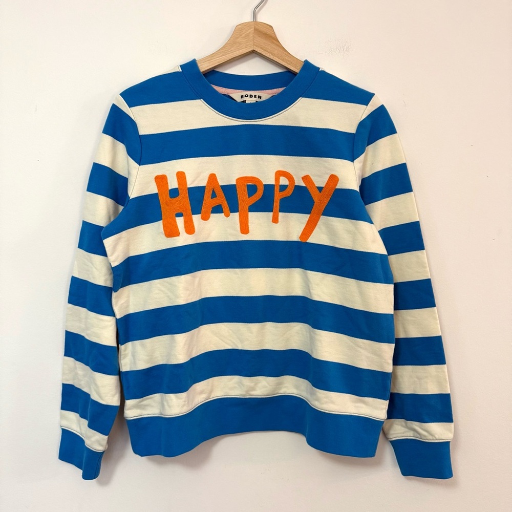 BODEN Happy Chain Stitched Embroidered Sweatshirt Blue White Stripe Womens Small - Picture 4 of 7